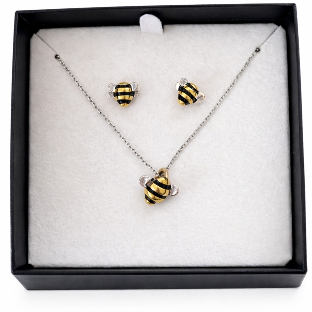 Bee Pendant Necklace and Earring Set in Gold and Silver